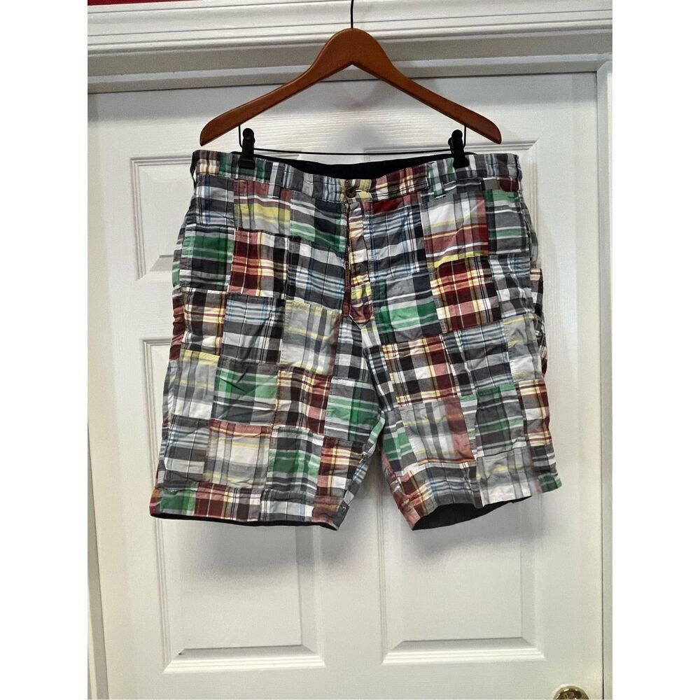 Authentic Indian Madras Navy & Plaid Reversible Shorts sz 40 EUC